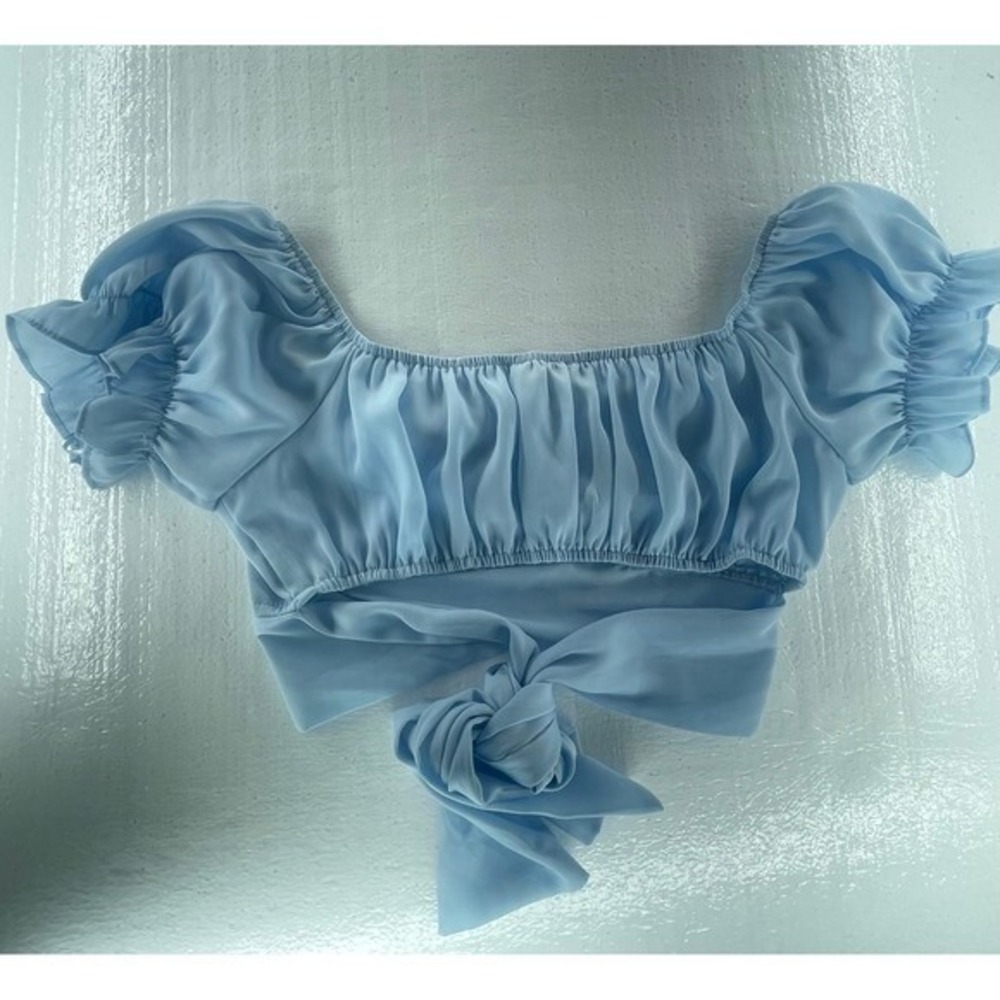 Europa Off Shoulder Crop Top Tie Front Puff Sleeve Blouse‎ Blue Size Unknown